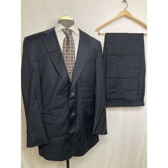 Jos A Bank Mens Suit 42L 46" 36x31 Blue Stripe Jacket Blazer Sport Coat Wool - Picture 1 of 15